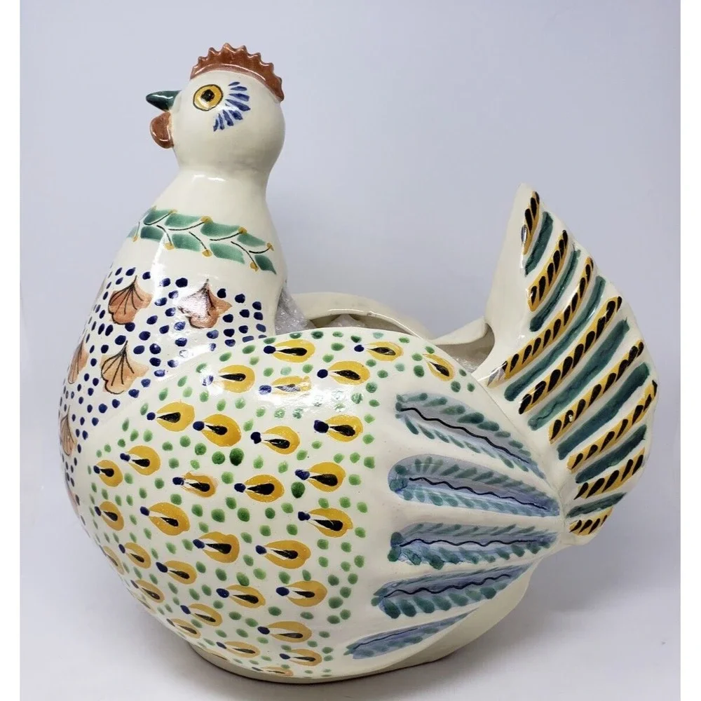 The Picket Fence Large Hand Painted Colorful Chicken Planter Mexico Terra Cotta